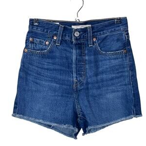 Levi's Ribcage Button Fly High Rise Raw Hem Jean Shorts Blue Women 24